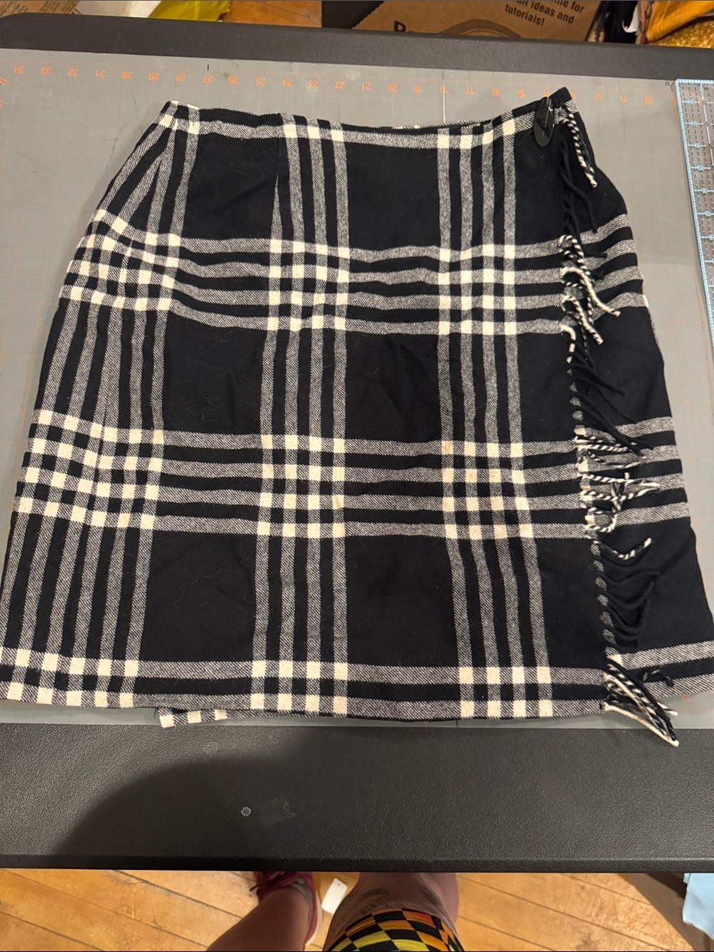 Pendleton Black and White Plaid Mini Skirt with Fringe Side Detail